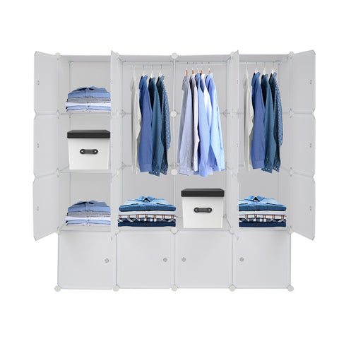 16 Cube Organizer Stackable Plastic Cube Storage Shelves Design Multifunctional Modular Closet Cabinet with Hanging Rod White