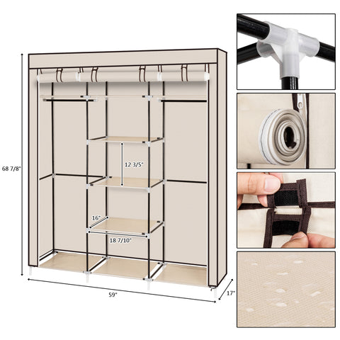 69" Portable Clothes Closet Non-Woven Fabric Wardrobe Double Rod Storage Organizer Beige