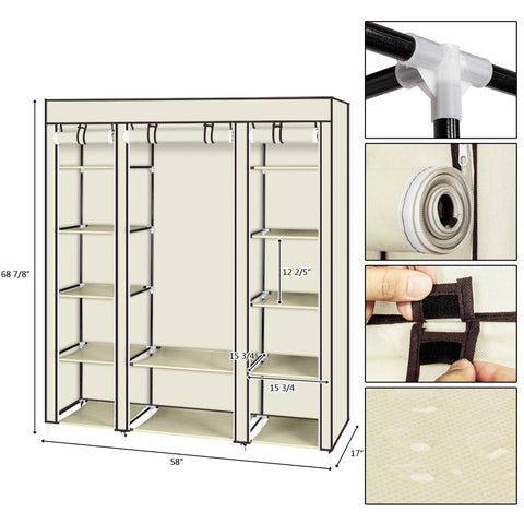 69" Portable Clothes Closet Wardrobe Storage Organizer with Non-Woven Fabric Quick and Easy to Assemble Extra Strong and Durable Beige