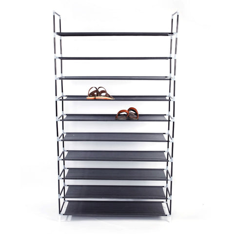 Simple Assembly 10 Tiers Non-woven Fabric Shoe Rack with Handle Black