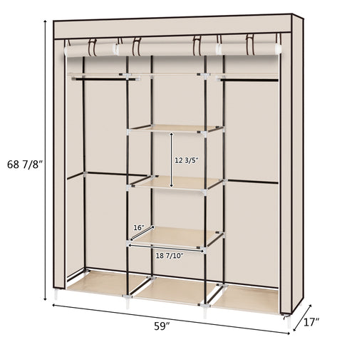 69" Portable Clothes Closet Non-Woven Fabric Wardrobe Double Rod Storage Organizer Beige