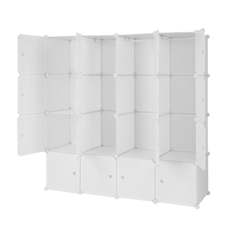 16 Cube Organizer Stackable Plastic Cube Storage Shelves Design Multifunctional Modular Closet Cabinet with Hanging Rod White