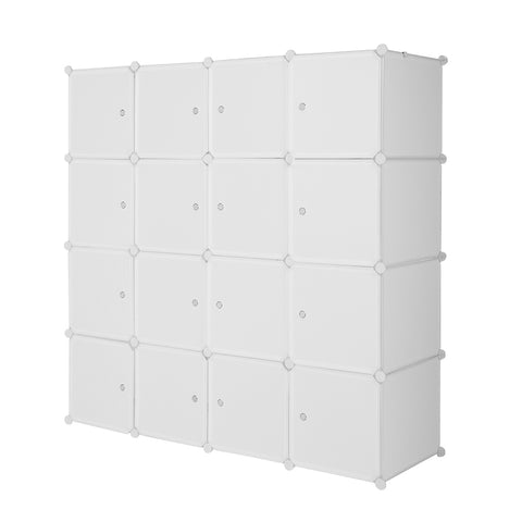 16 Cube Organizer Stackable Plastic Cube Storage Shelves Design Multifunctional Modular Closet Cabinet with Hanging Rod White