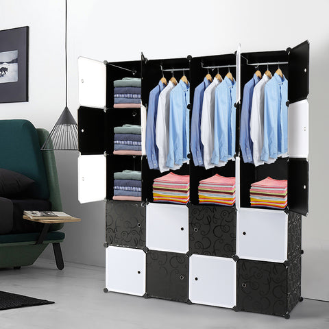 20 Cube Organizer Stackable Plastic Cube Storage Shelves Design Multifunctional Modular Closet Cabinet with Hanging Rod Black and White