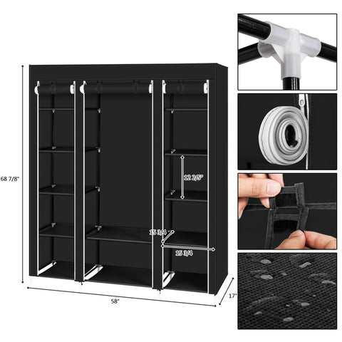 69" Portable Clothes Closet Wardrobe Storage Organizer with Non-Woven Fabric Quick and Easy to Assemble Extra Strong and Durable Black