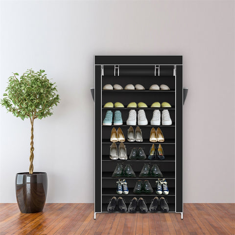 10 Tiers Shoe Rack with Dustproof Cover Closet Shoe Storage Cabinet Organizer Black